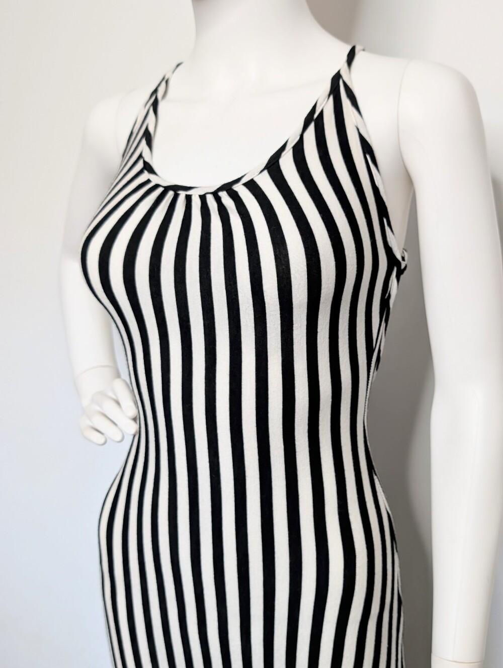 Y2K Black & White Striped Bodycon Open Back Strappy Scoop Neck Maxi Dress - Picture 5 of 12